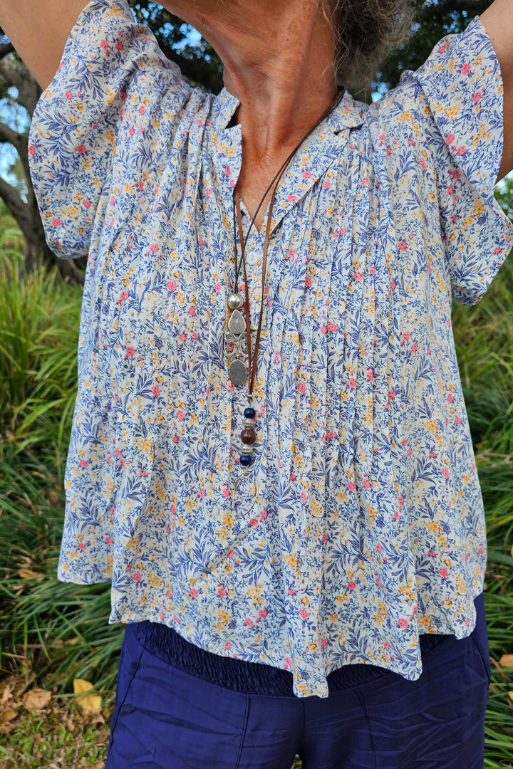 Navy Blossom Frill Pintuck Top