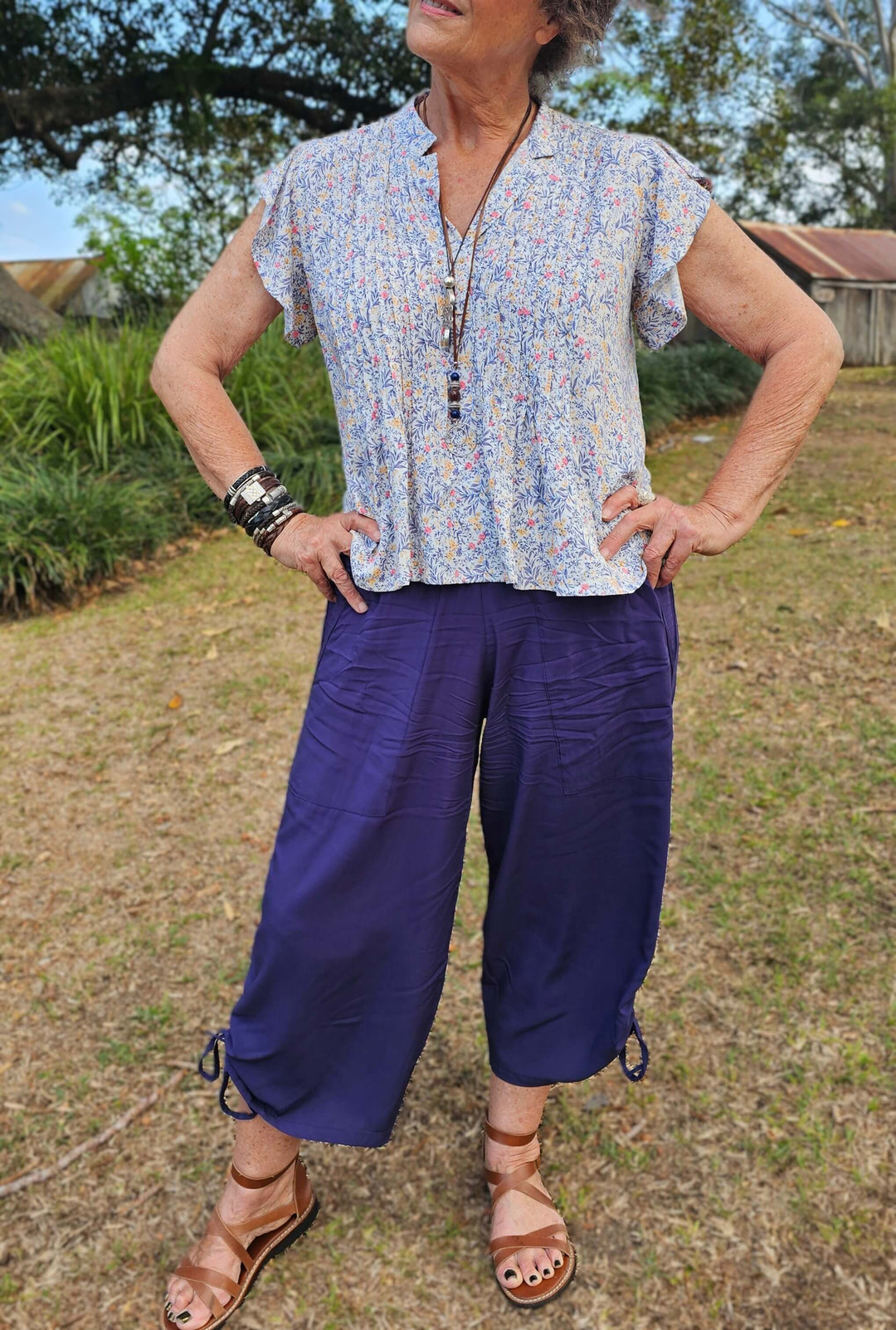 Navy Blossom Frill Pintuck Top