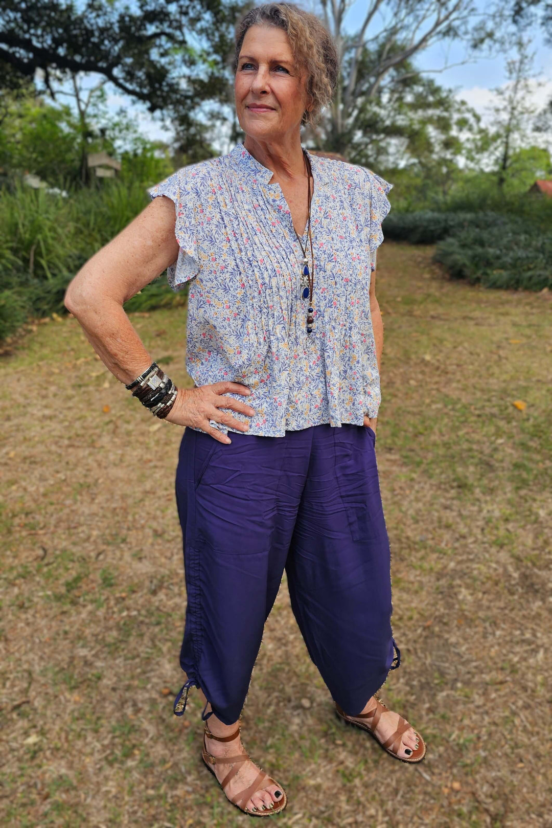 Navy Blossom Frill Pintuck Top