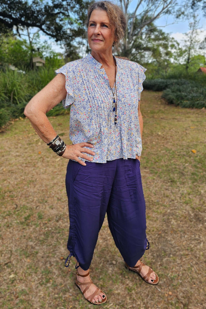 Navy Blossom Frill Pintuck Top