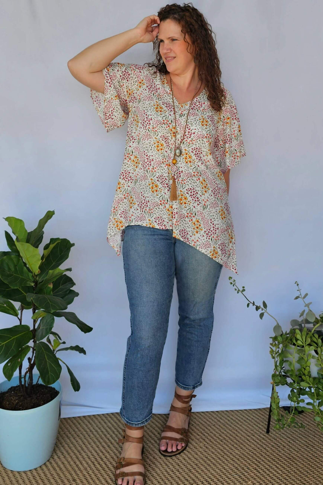 Front view of plus size Springtime Ola Top in floral print, size 16