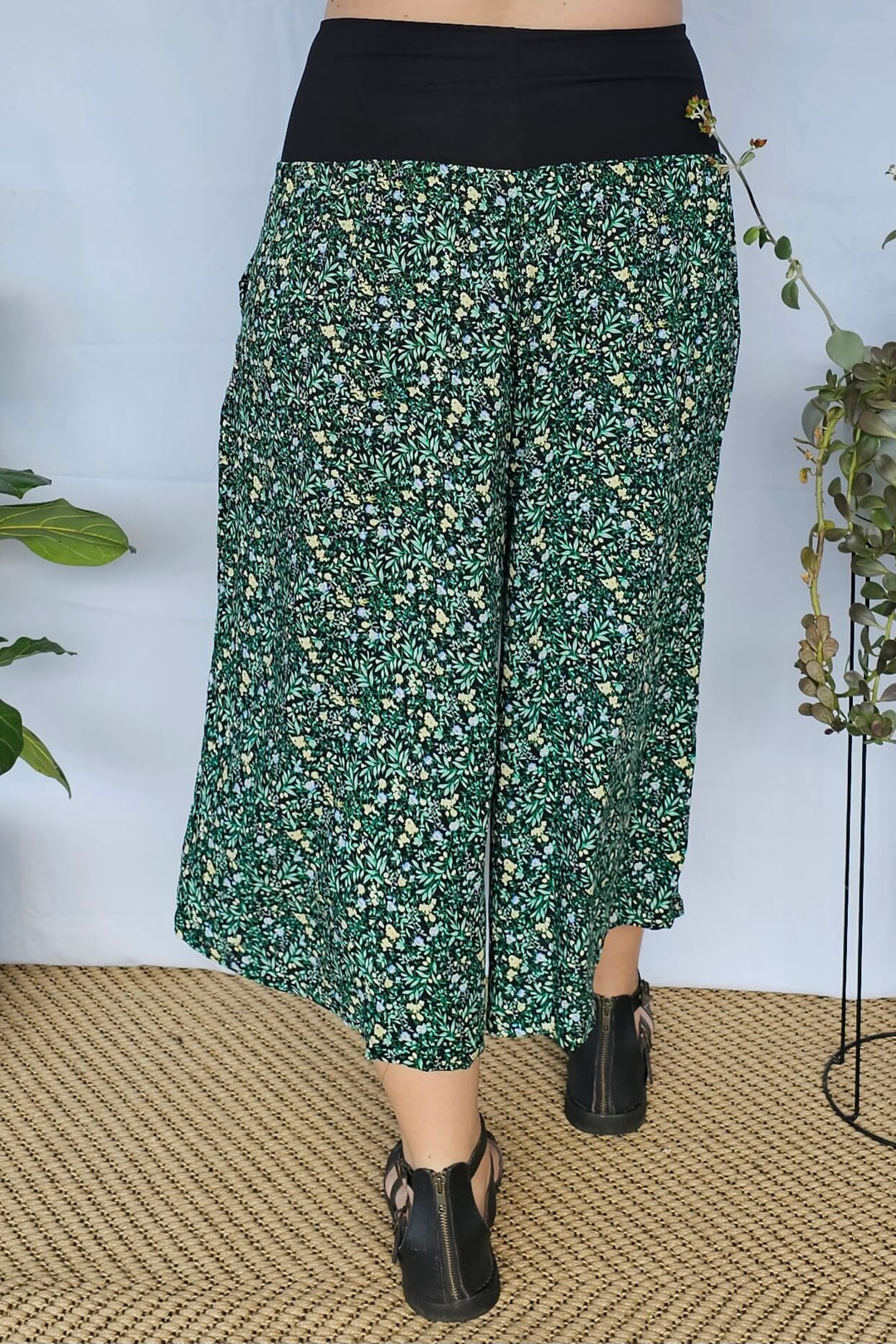 Back view showing the relaxed fit of Green Bloom 7/8 Palazzo Pants