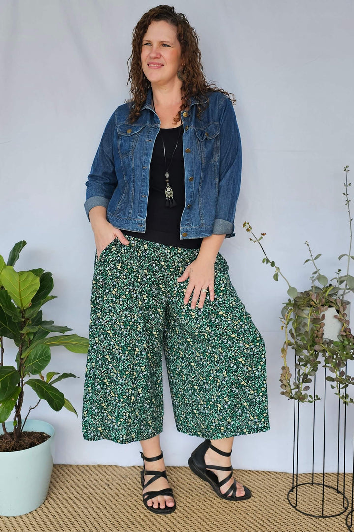 Green Bloom 7/8 Palazzo Pants styled with a denim jacket