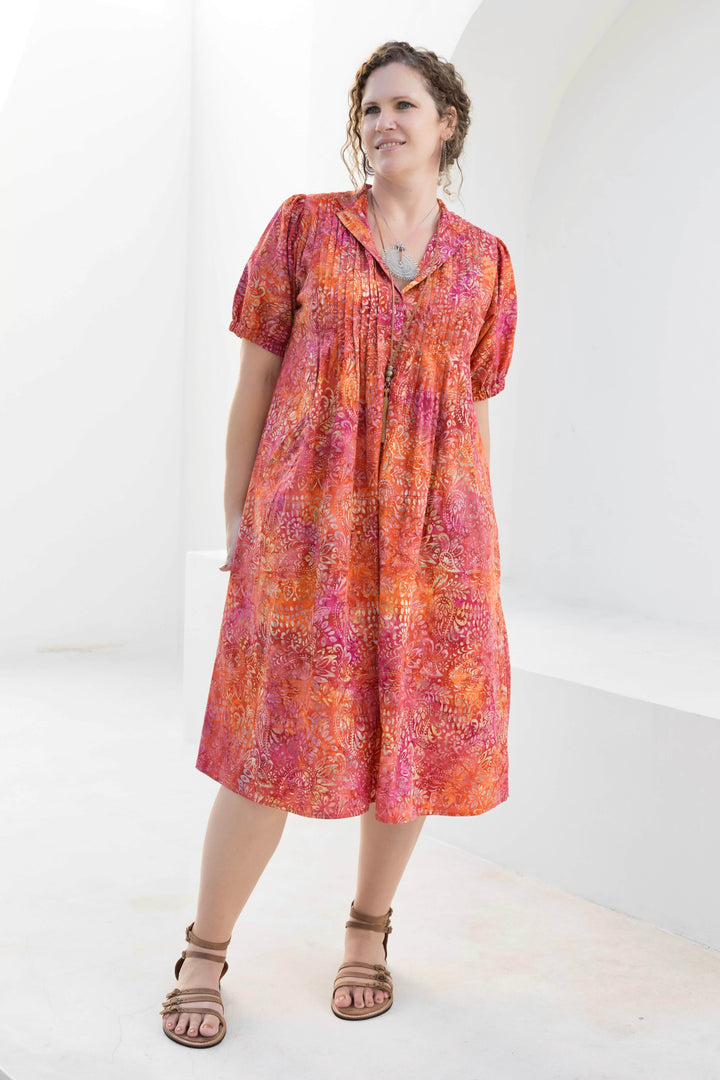 Pink Swirl Cotton Pintuck Midi Dress