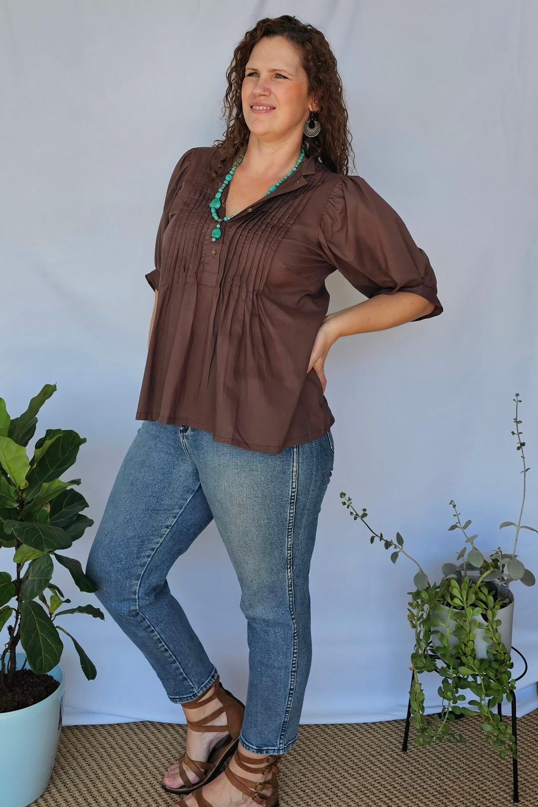 Coffee Cotton Top with Bell Sleeve