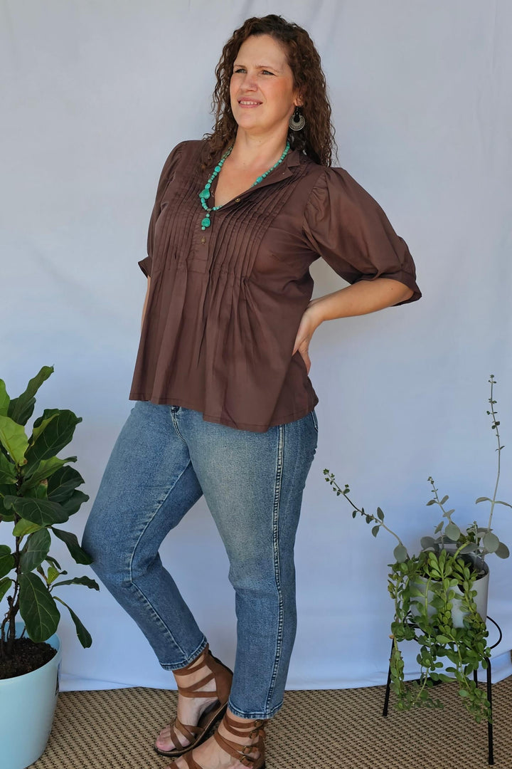 Coffee Cotton Top with Bell Sleeve