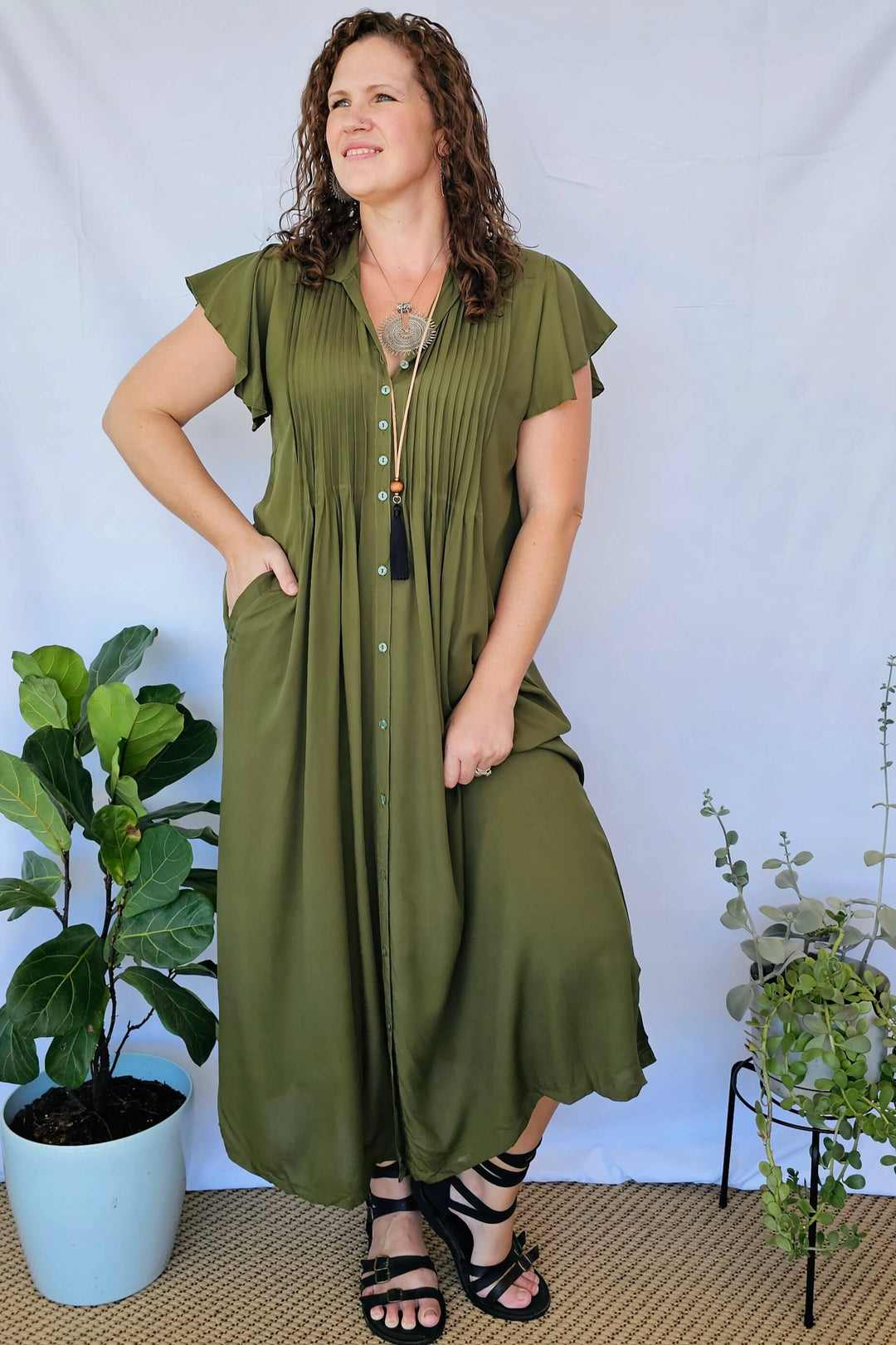 Khaki Maxi Dress With Frill Sleeve