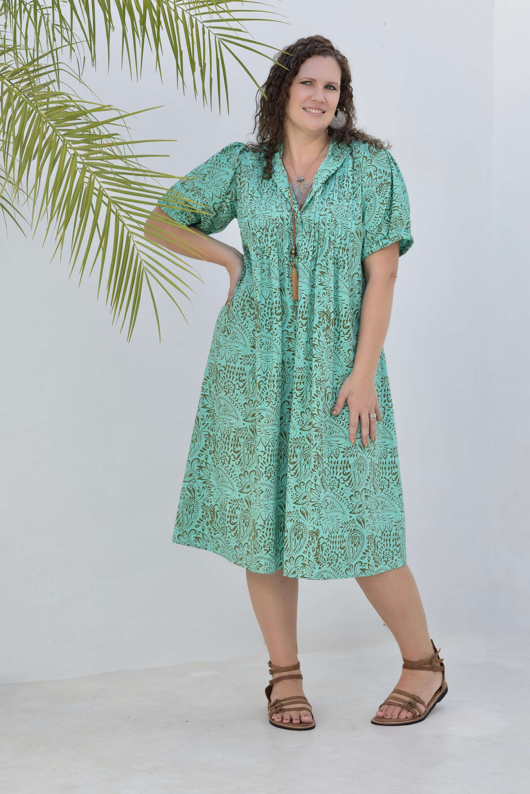 Aqua Swirl Cotton Pintuck Midi Dress