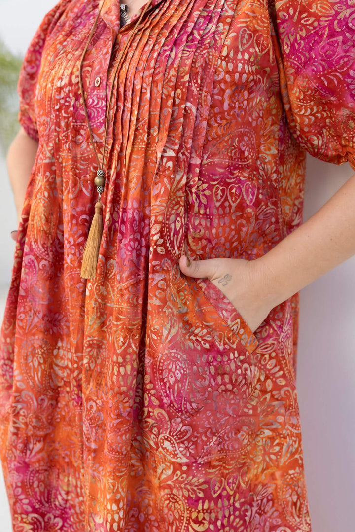 Pink Swirl Cotton Pintuck Midi Dress