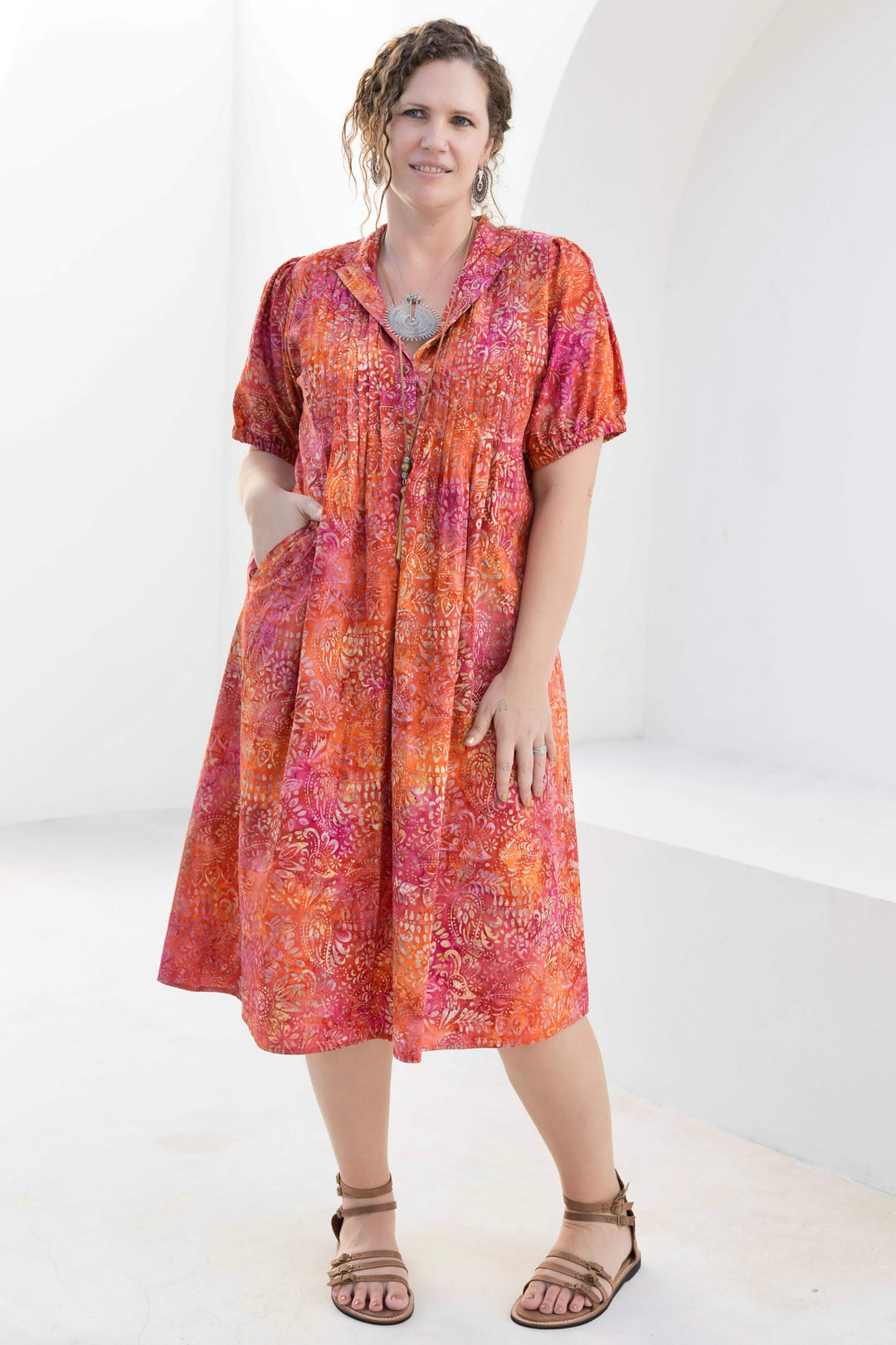 Pink Swirl Cotton Pintuck Midi Dress