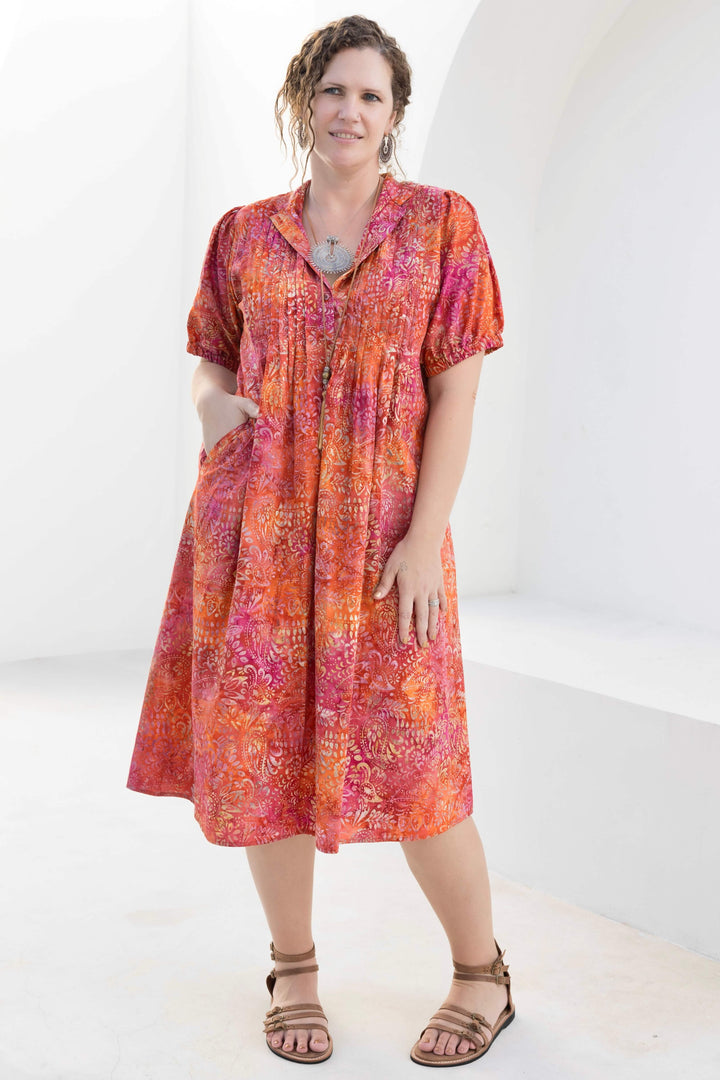 Pink Swirl Cotton Pintuck Midi Dress