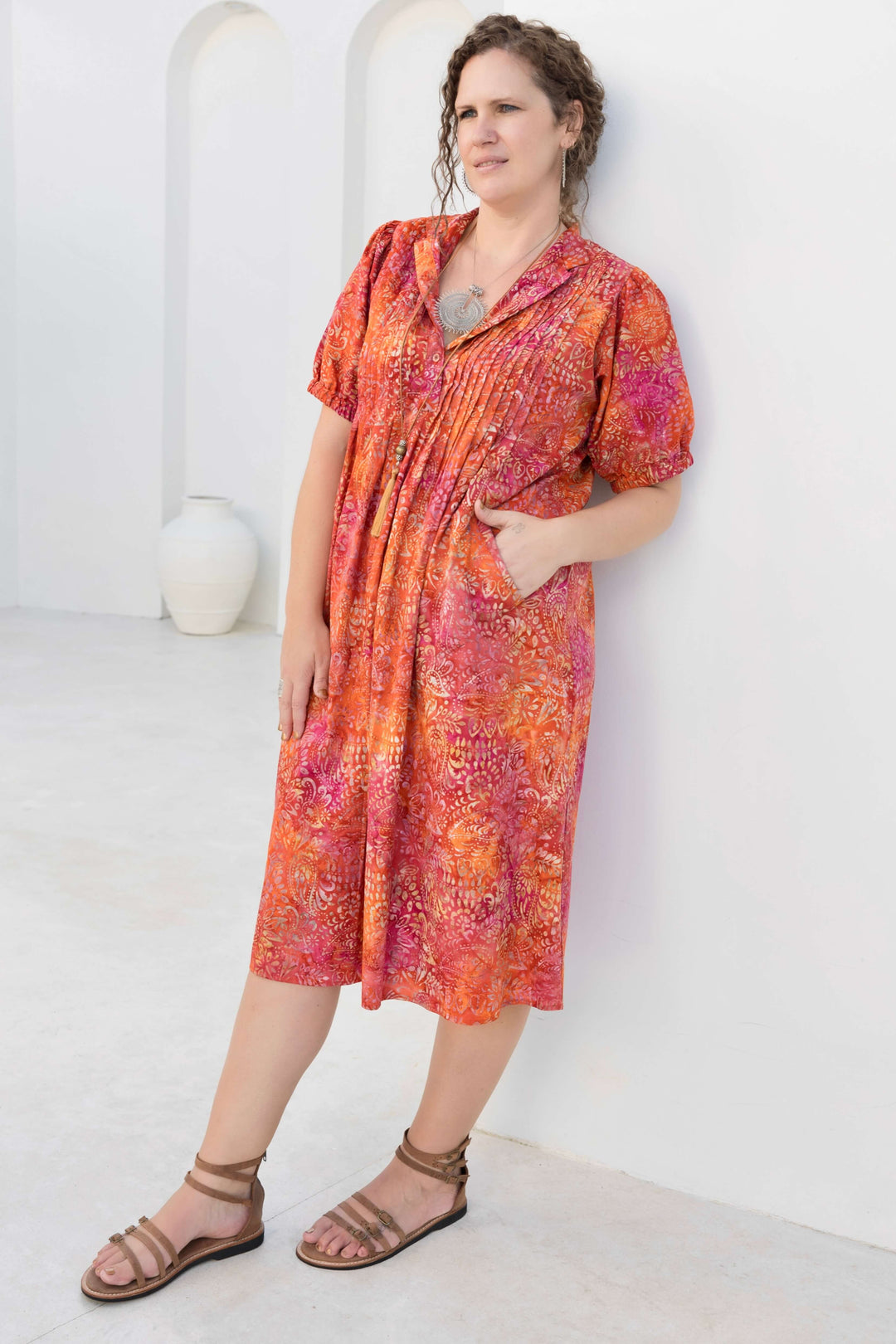 Pink Swirl Cotton Pintuck Midi Dress
