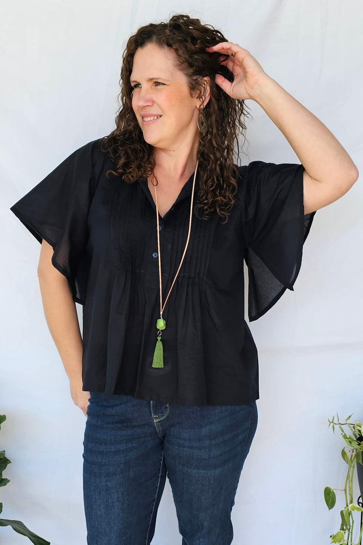 Navy Cotton Top with Drape Sleeve- Factory seconds, final sale- please read desciption