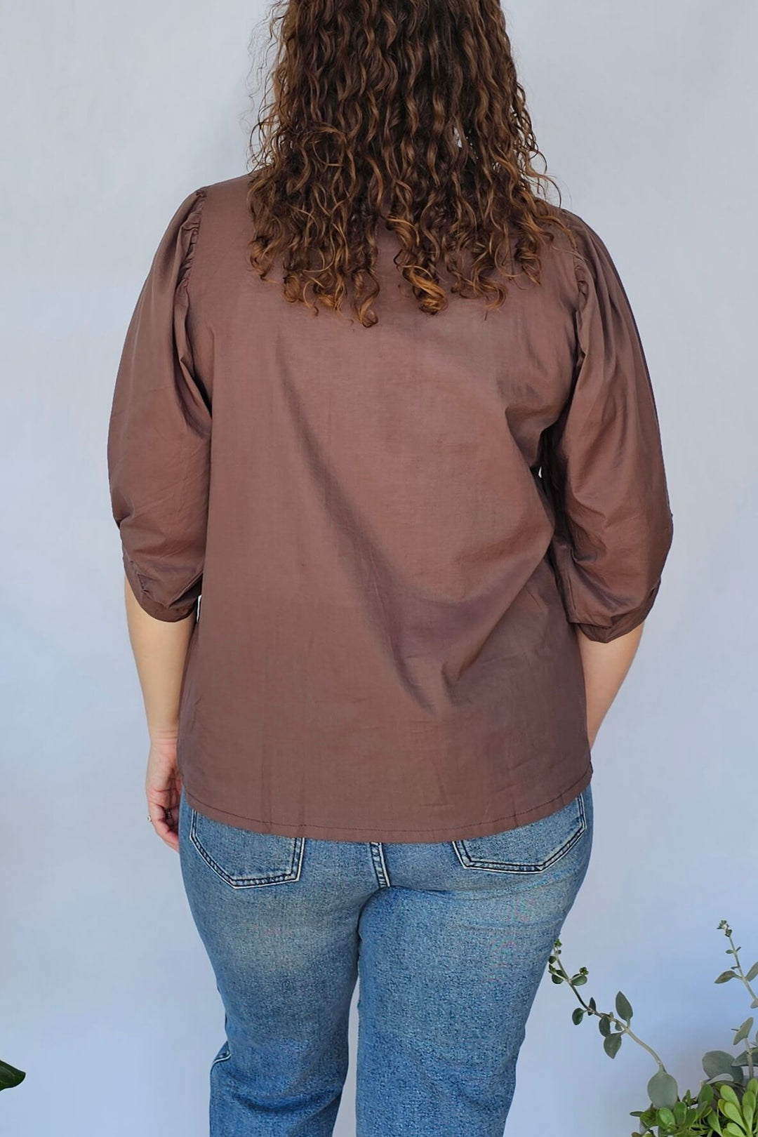 Coffee Cotton Top with Bell Sleeve