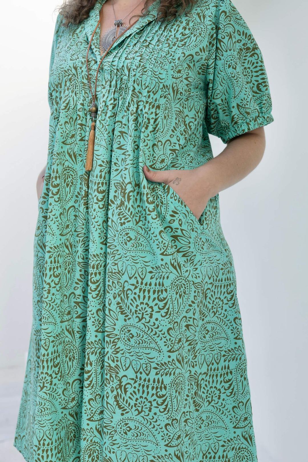 Aqua Swirl Cotton Pintuck Midi Dress
