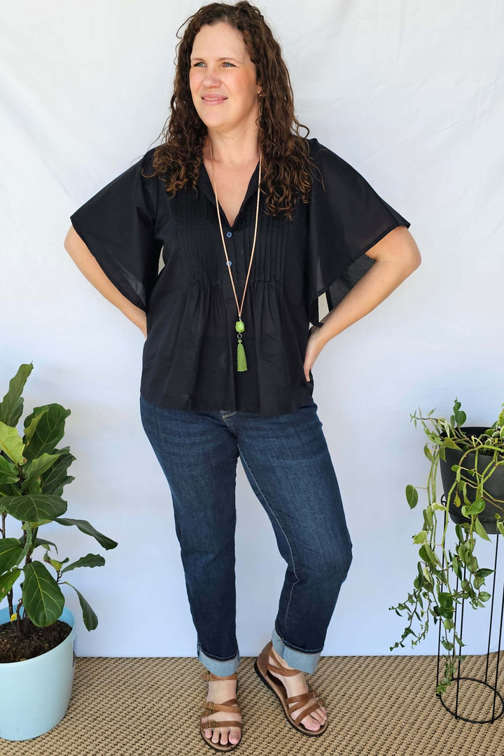 Navy Cotton Top with Drape Sleeve- Factory seconds, final sale- please read desciption