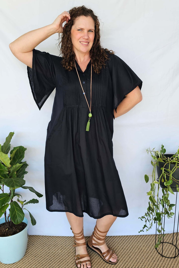 Navy Cotton Pintuck Midi Dress With Drape Sleeve- Factory seconds, final sale- please read description