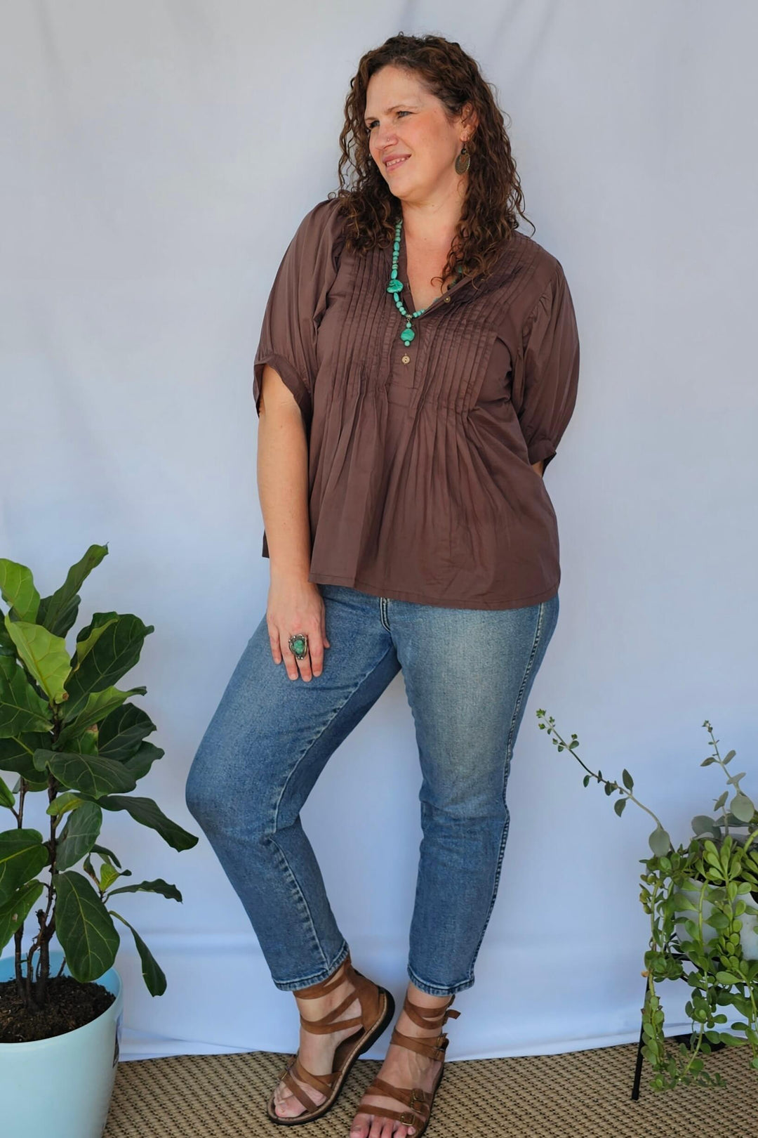 Coffee Cotton Top with Bell Sleeve