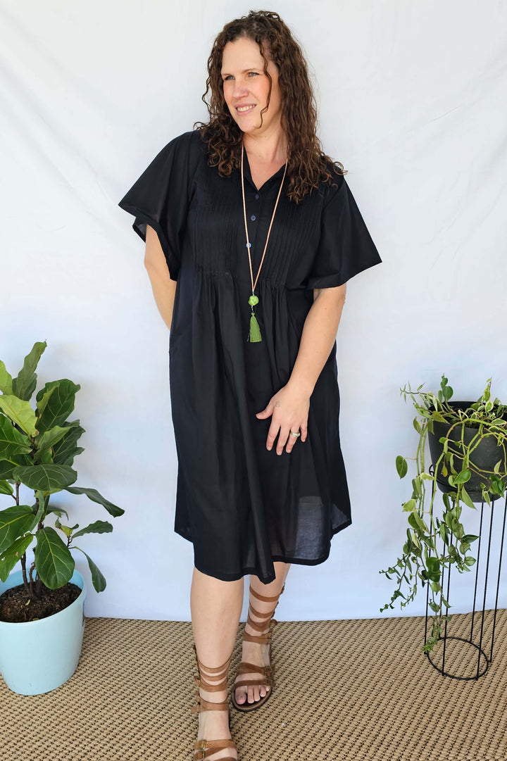 Navy Cotton Pintuck Midi Dress With Drape Sleeve- Factory seconds, final sale- please read description