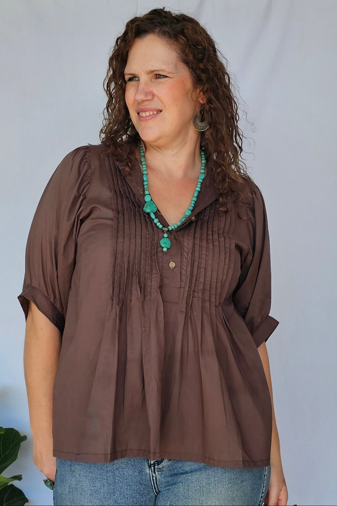 Coffee Cotton Top with Bell Sleeve
