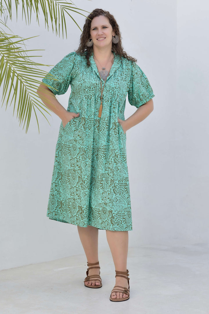 Aqua Swirl Cotton Pintuck Midi Dress