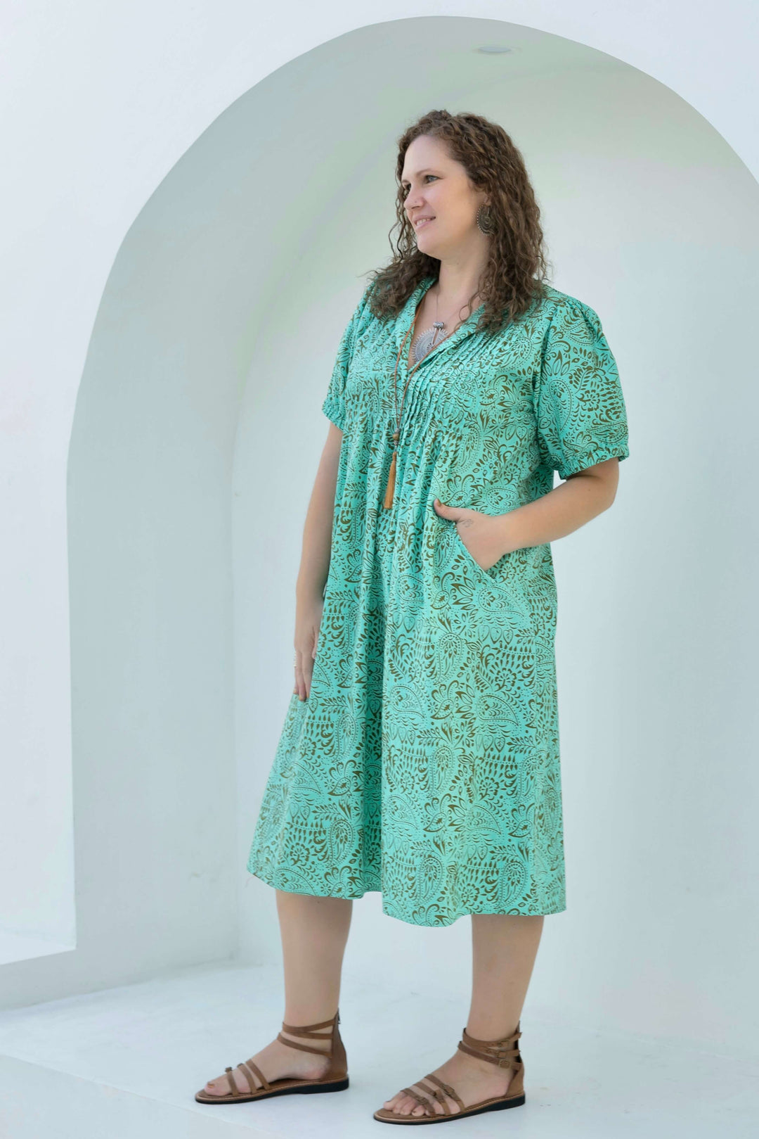 Aqua Swirl Cotton Pintuck Midi Dress