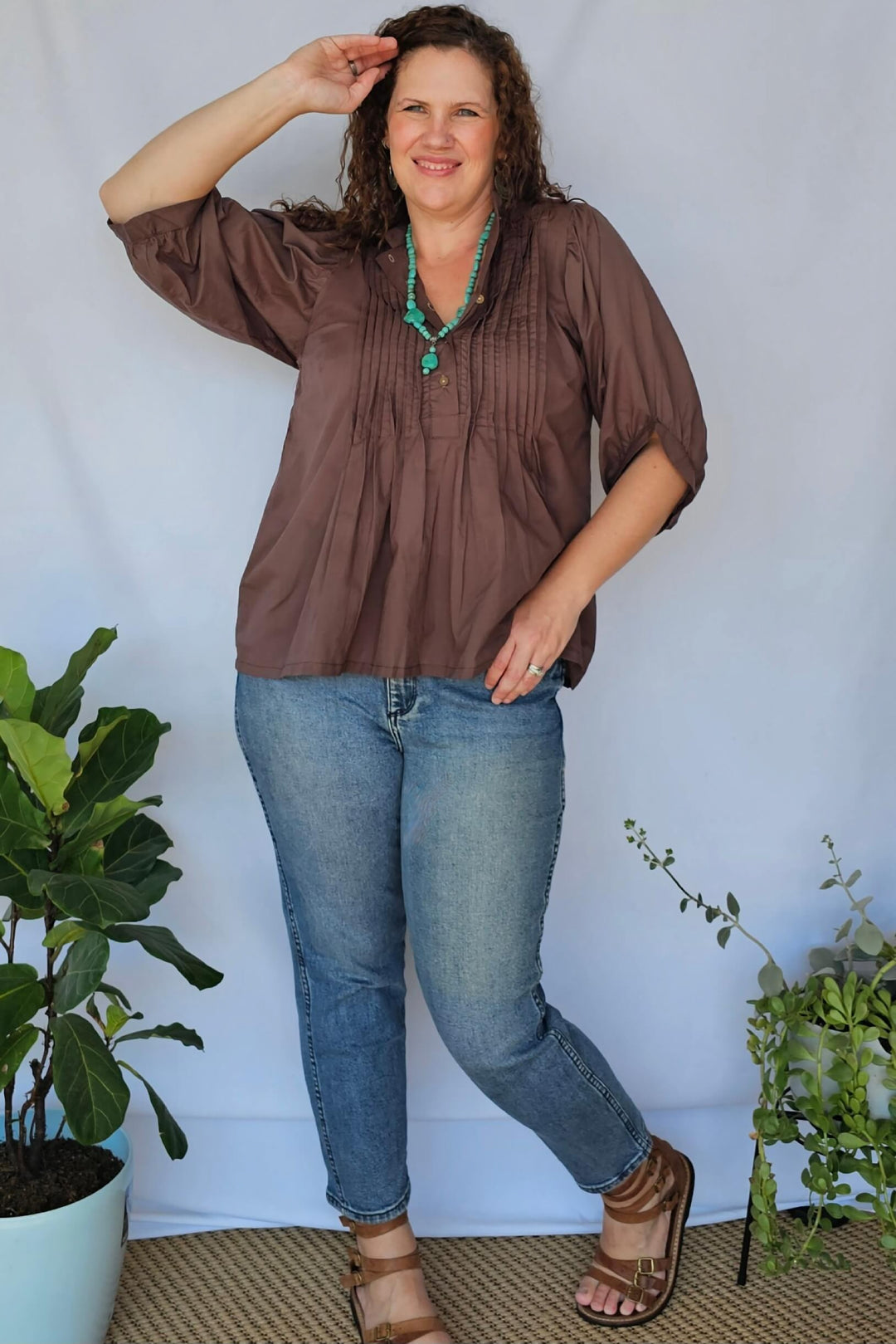Coffee Cotton Top with Bell Sleeve