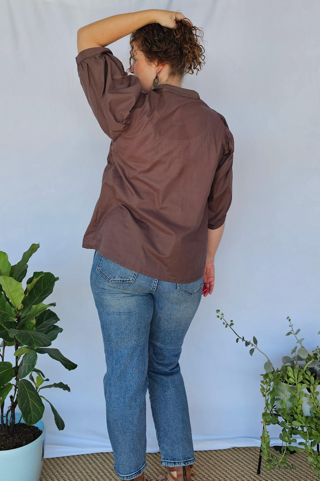 Coffee Cotton Top with Bell Sleeve