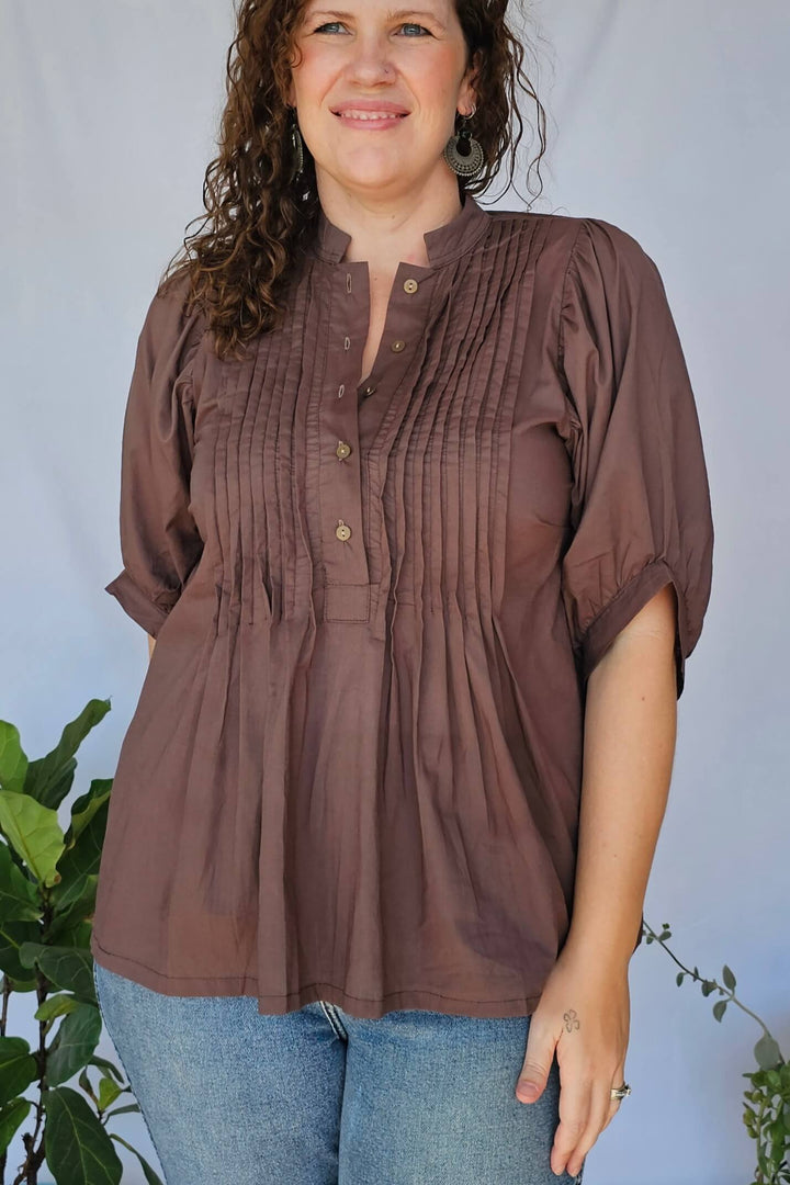 Coffee Cotton Top with Bell Sleeve