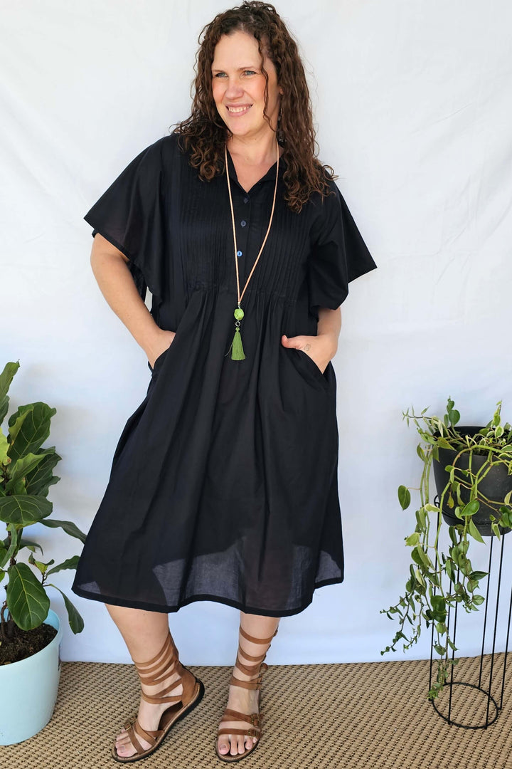 Navy Cotton Pintuck Midi Dress With Drape Sleeve- Factory seconds, final sale- please read description