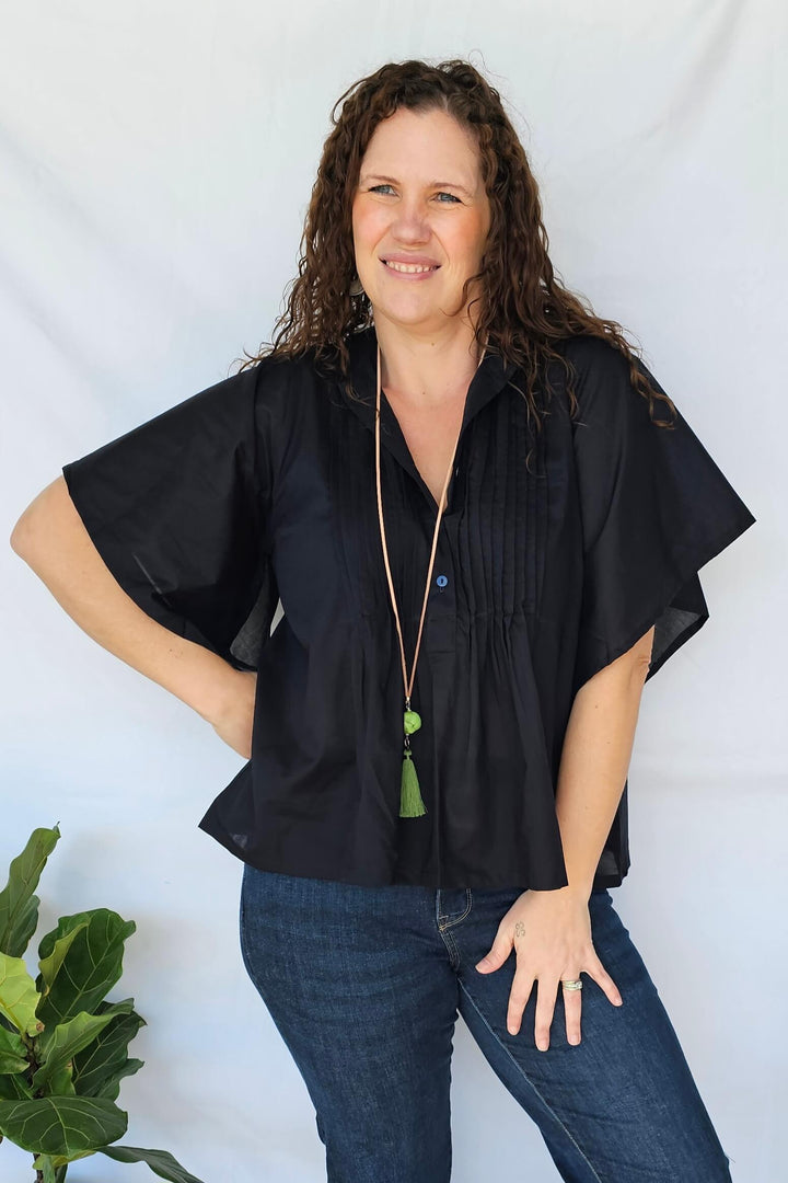 Navy Cotton Top with Drape Sleeve- Factory seconds, final sale- please read desciption