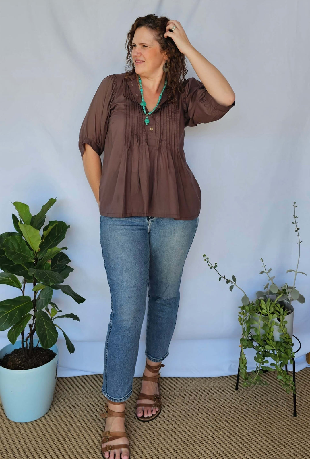 Coffee Cotton Top with Bell Sleeve
