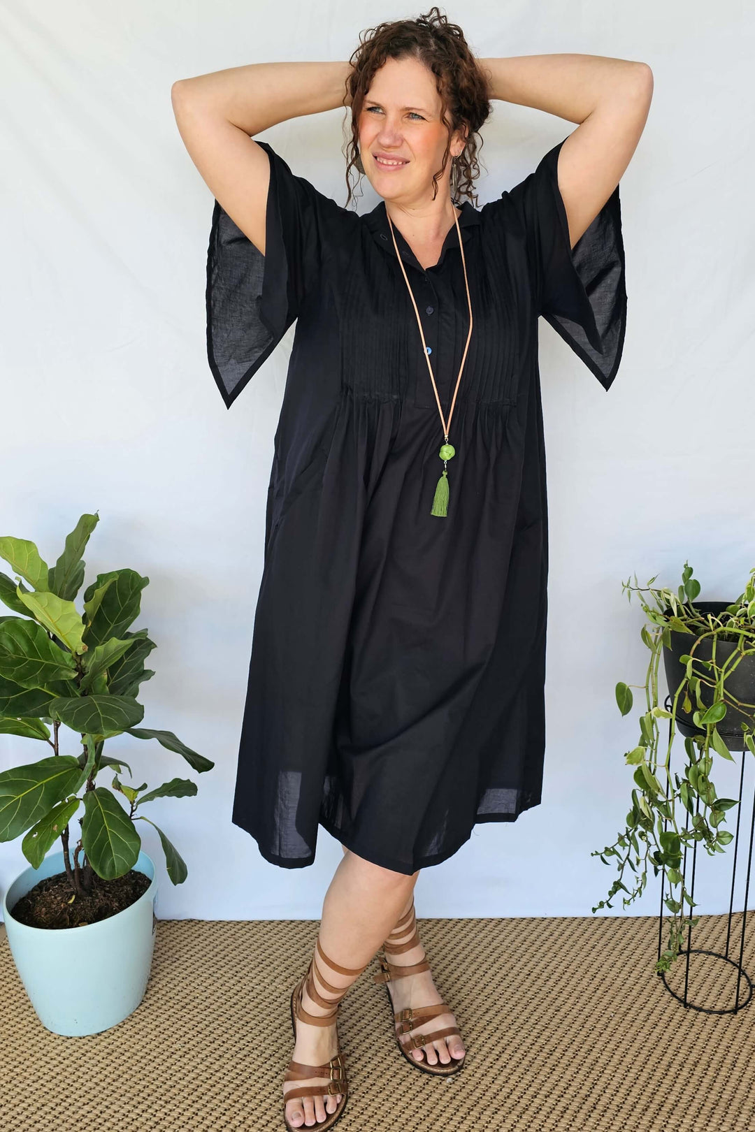 Navy Cotton Pintuck Midi Dress With Drape Sleeve- Factory seconds, final sale- please read description