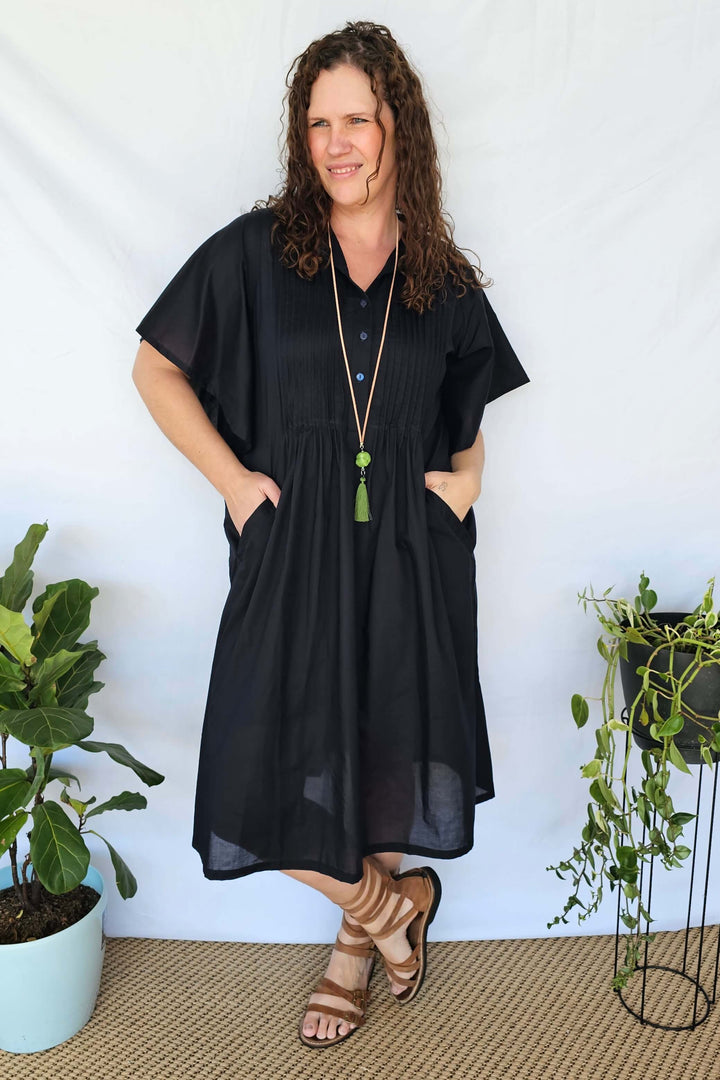 Navy Cotton Pintuck Midi Dress With Drape Sleeve- Factory seconds, final sale- please read description