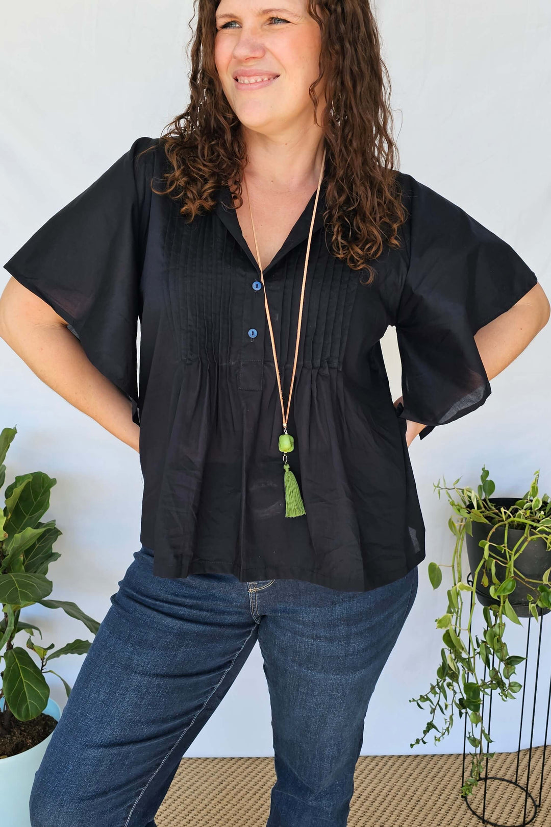 Navy Cotton Top with Drape Sleeve- Factory seconds, final sale- please read desciption