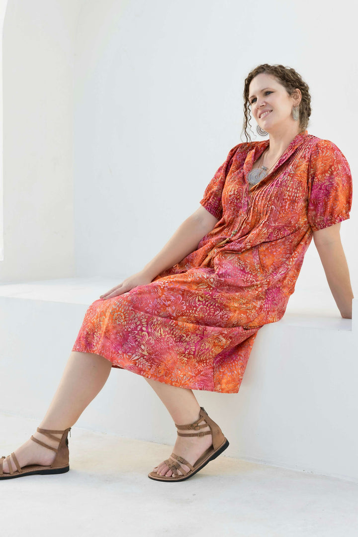 Pink Swirl Cotton Pintuck Midi Dress