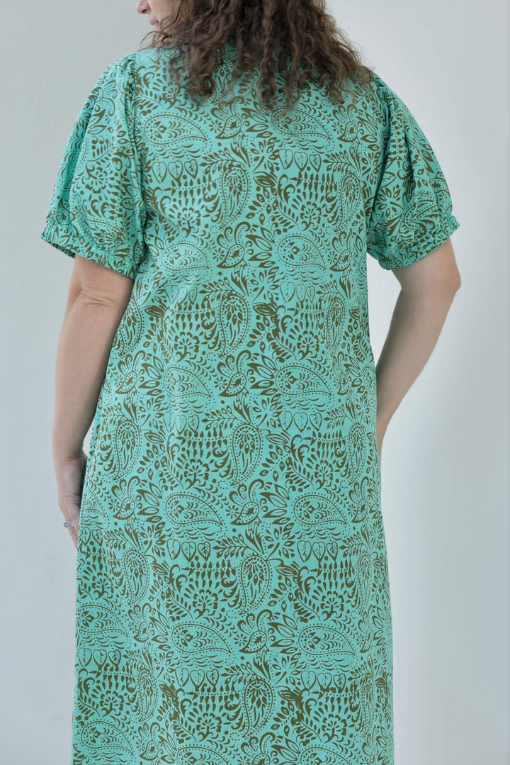 Aqua Swirl Cotton Pintuck Midi Dress