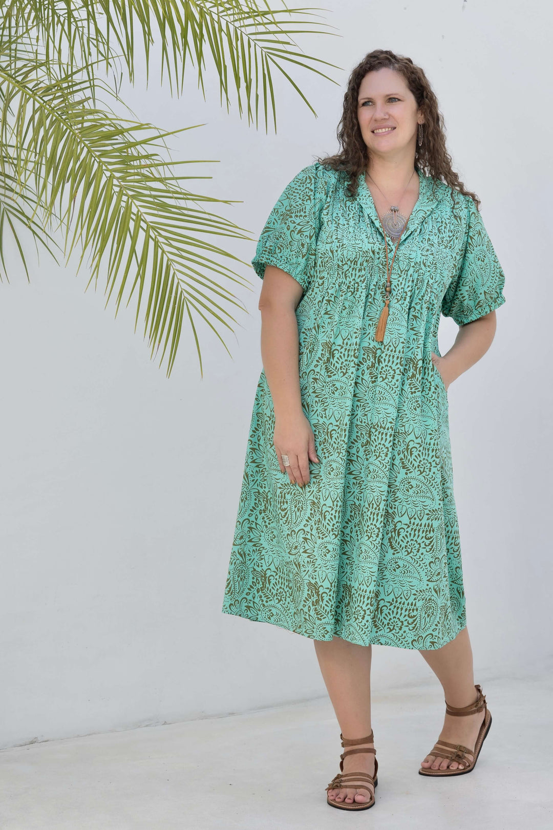 Aqua Swirl Cotton Pintuck Midi Dress