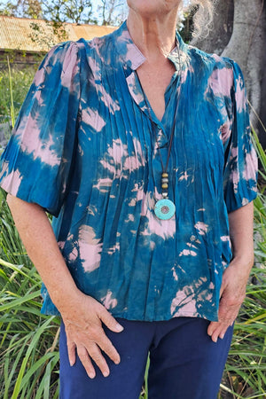 Tie Dye Emerald Pintuck Top With Bell Sleeve
