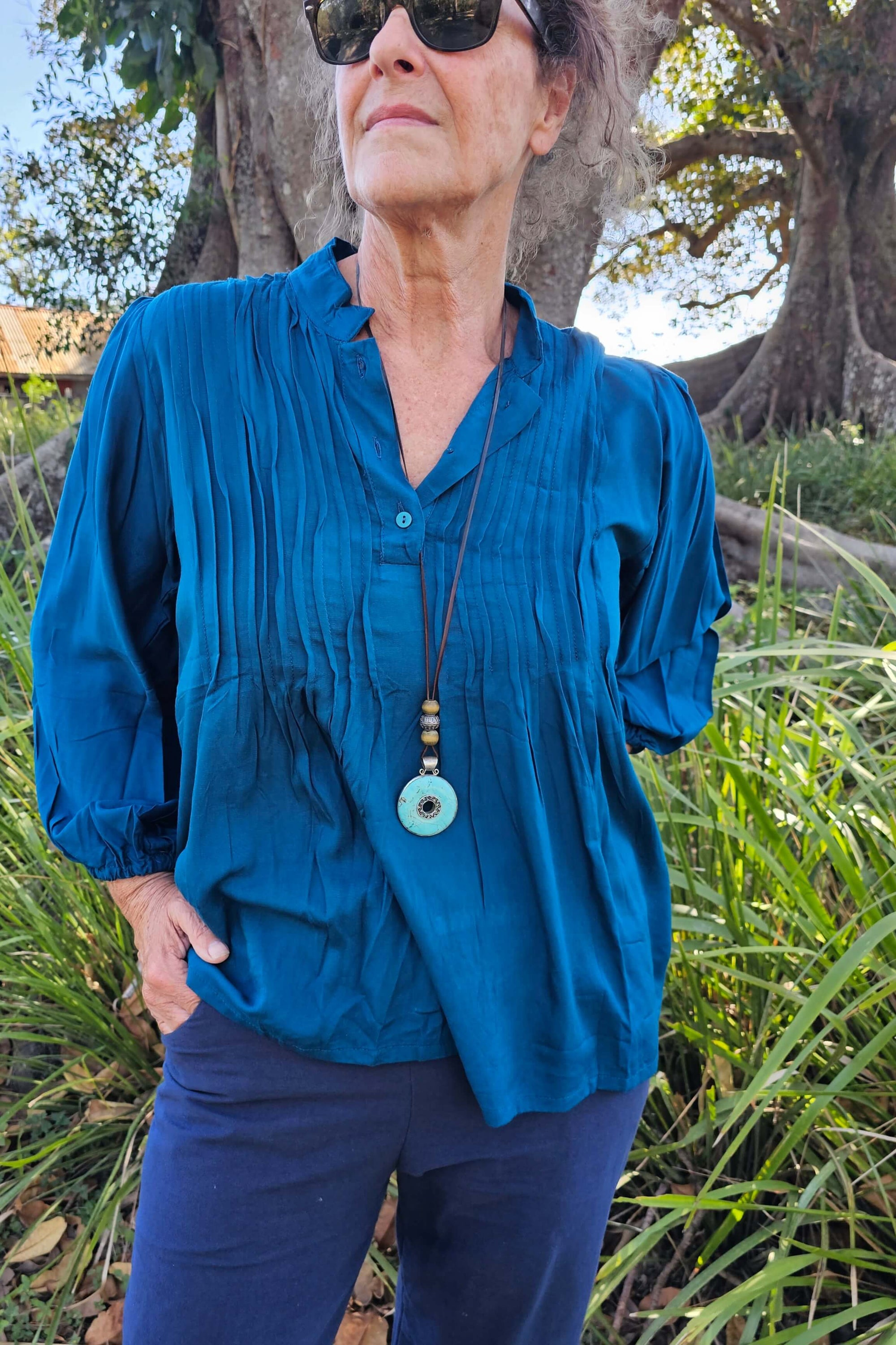 Emerald Pintuck Top With Bell Sleeve