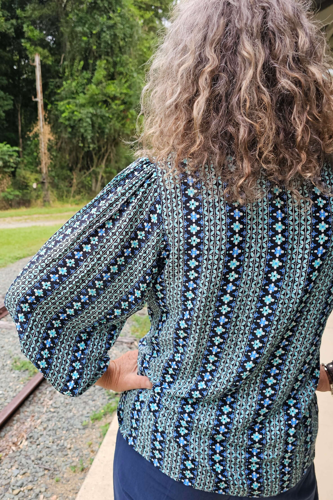 Turquoise Stripe Pintuck Top With Bell Sleeve