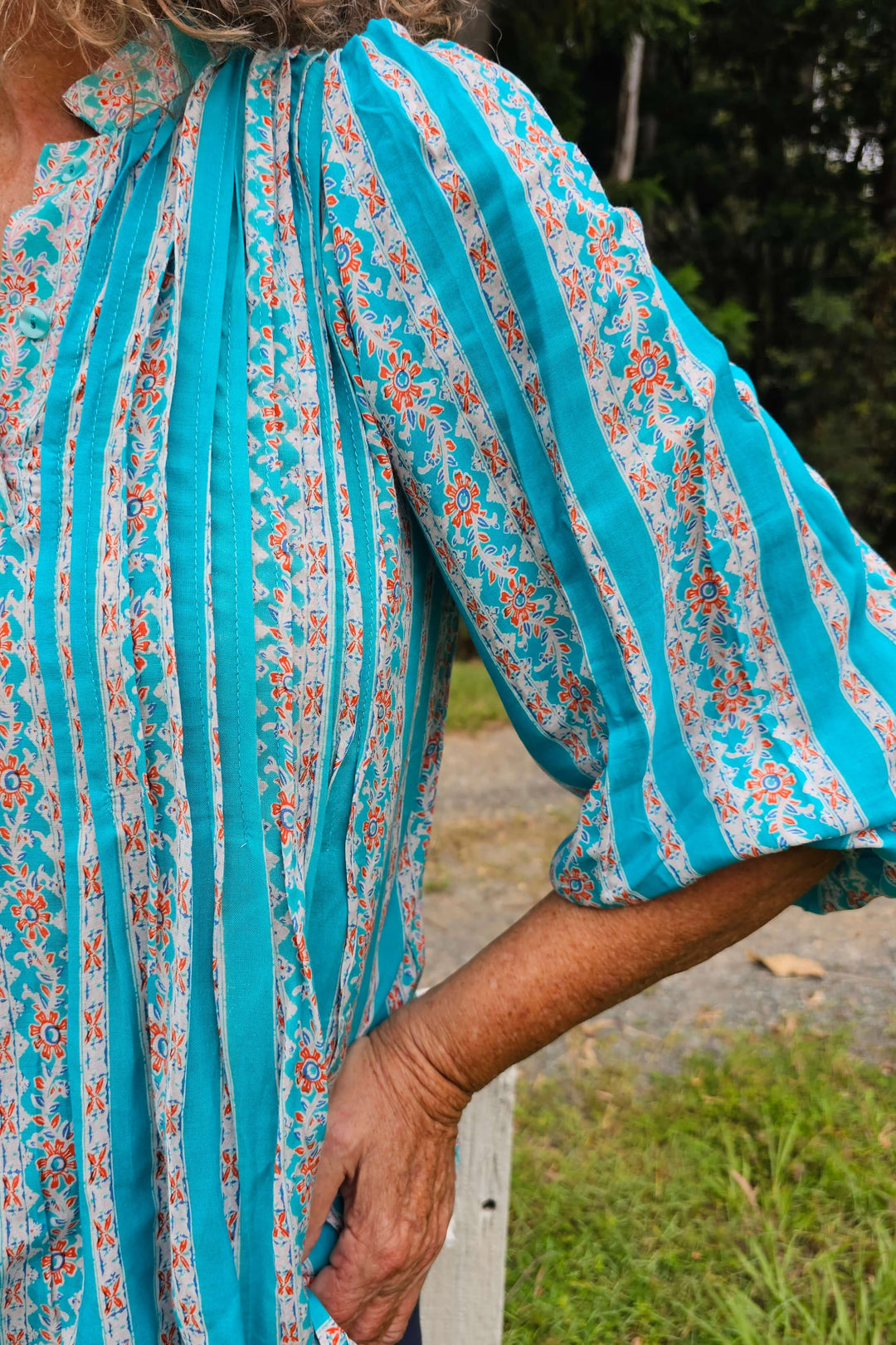 Turquoise/Peach Pintuck Top With Bell Sleeve