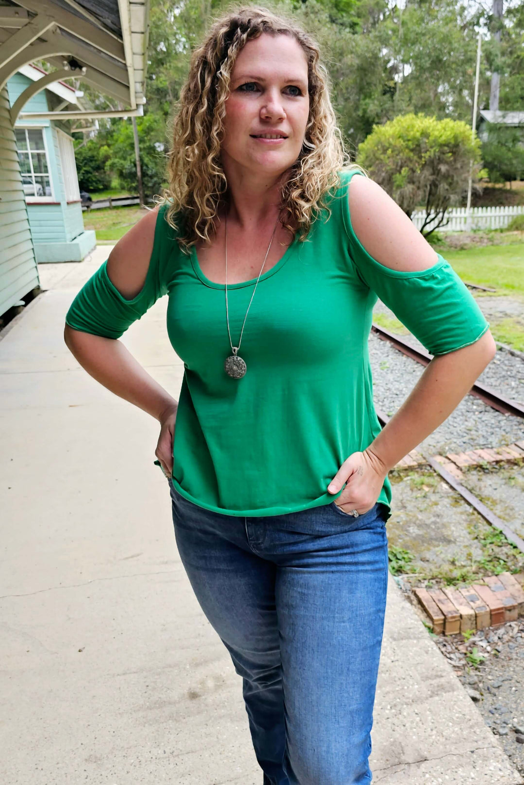 Teal Jersey Keyhole Top