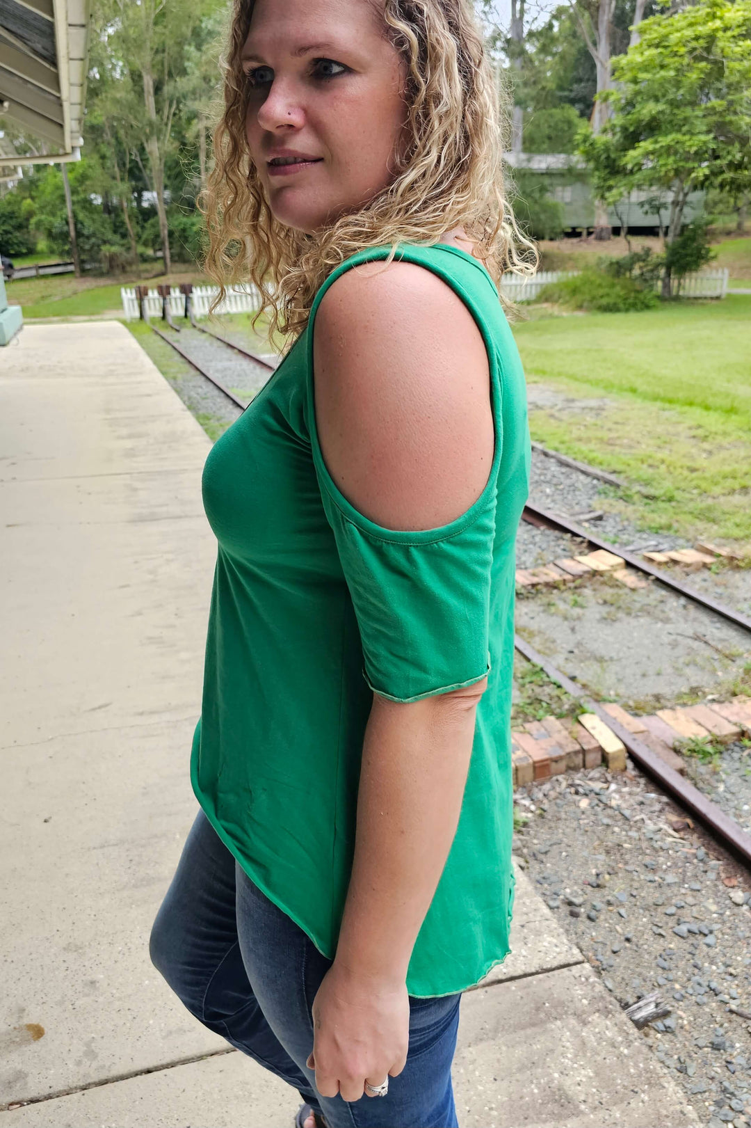 Teal Jersey Keyhole Top