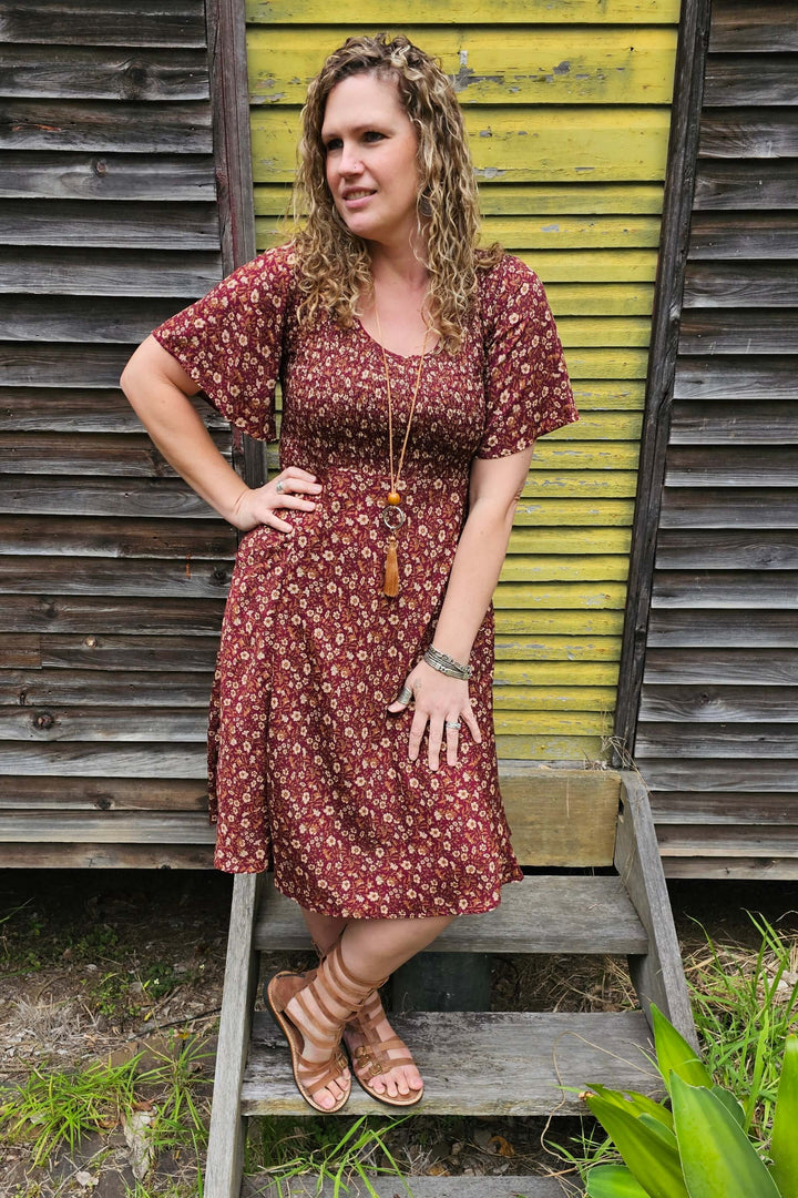 Maroon Bloom Shirred Dress