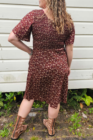 Maroon Bloom Shirred Dress