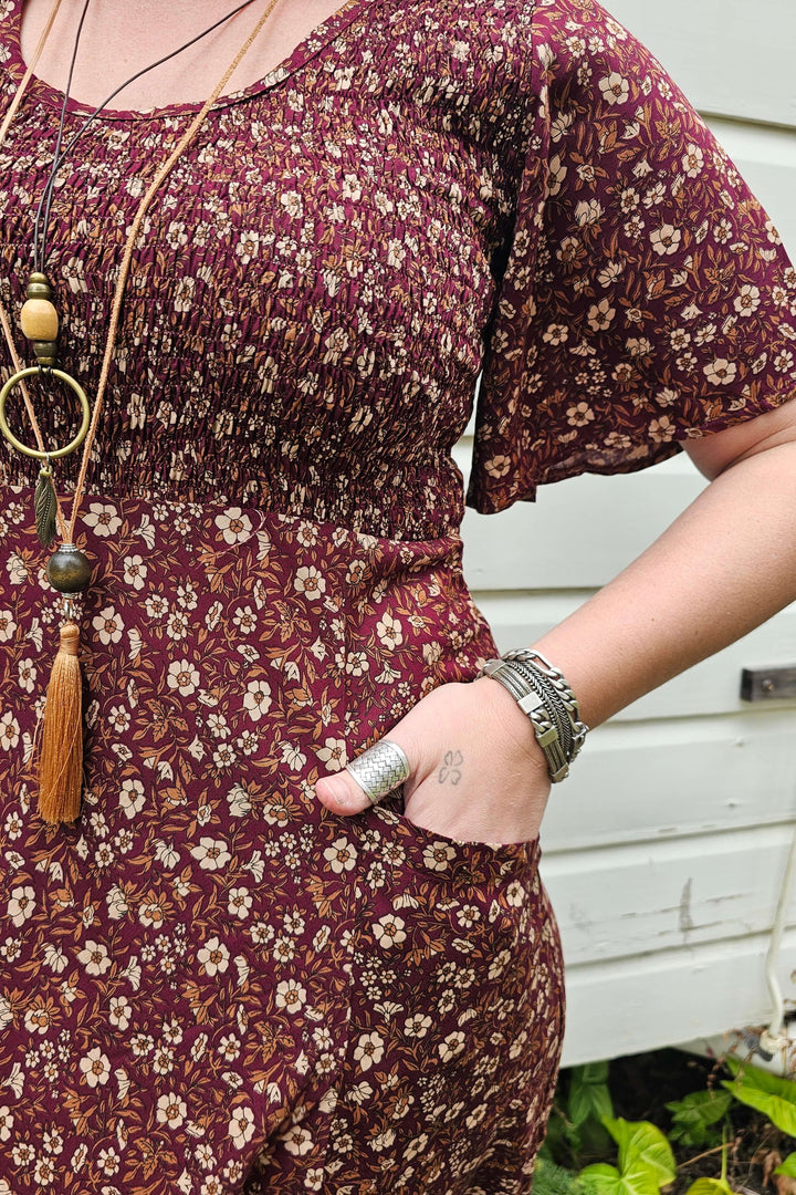 Maroon Bloom Shirred Dress