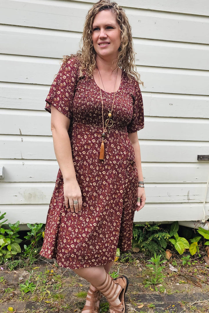 Maroon Bloom Shirred Dress