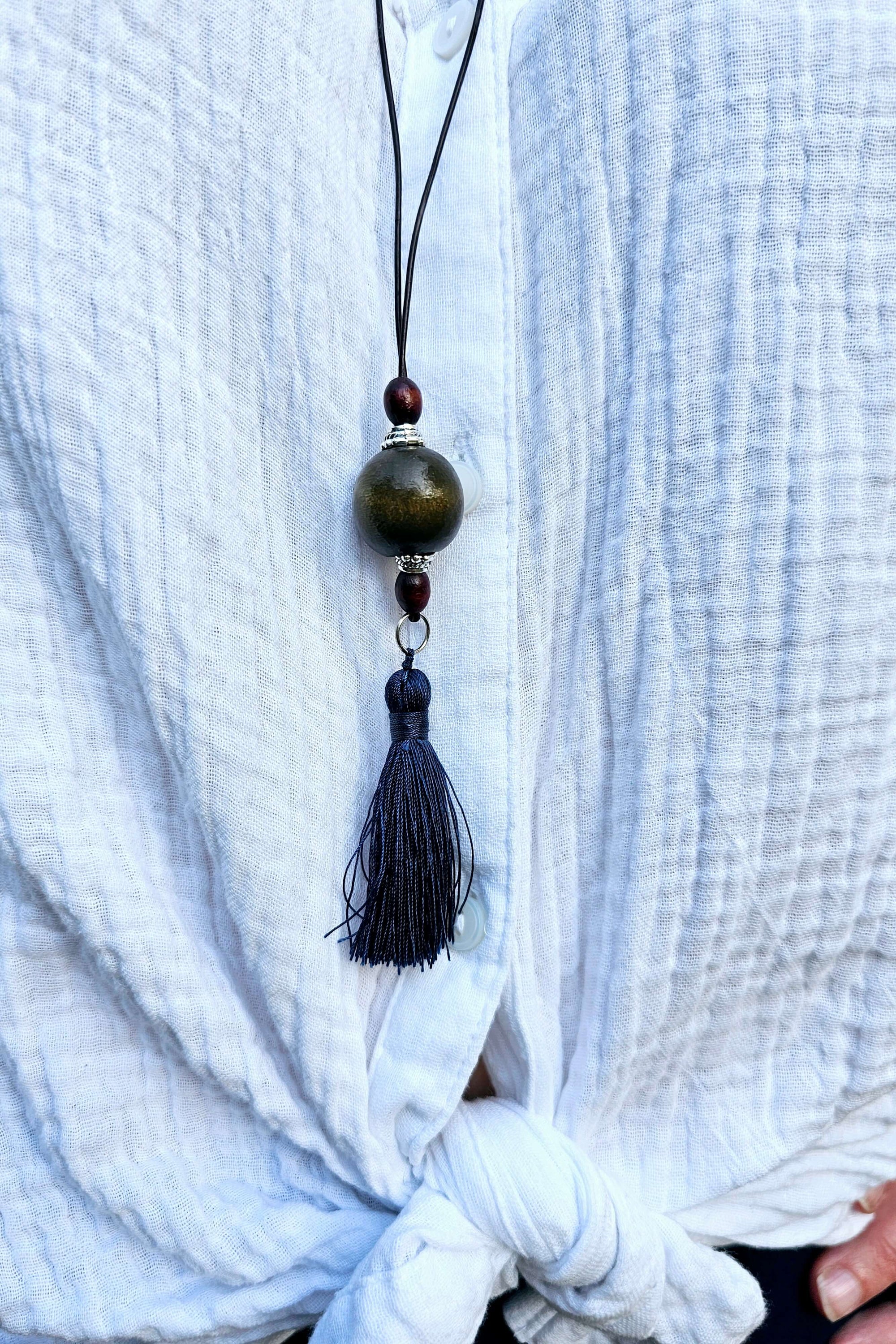 Chocolate Leather Necklace with Navy Tassel