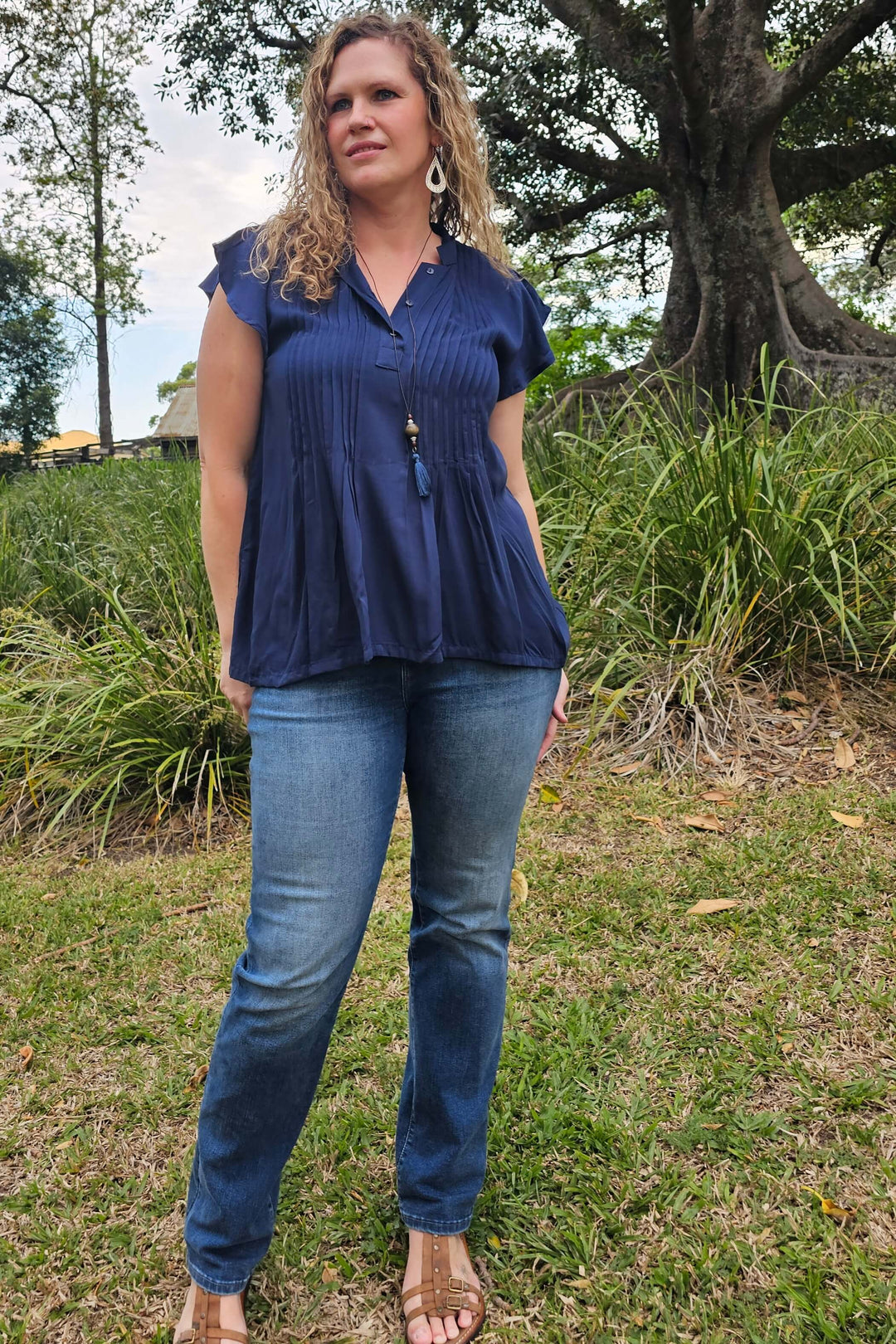 Navy Frill Pintuck Top